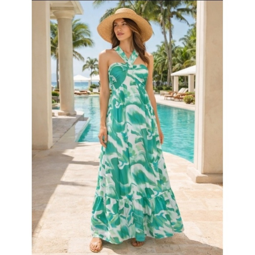 Mermaidcore Turquoise Maxi Dress A Line Resort Vacation Summer Beach Teal Size S